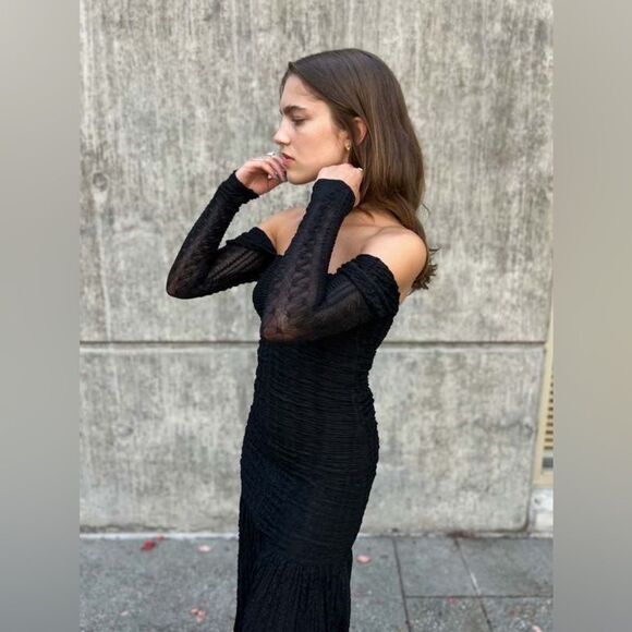 Ganni Midi Black Dress Ruched Stretch-Cloqué Size 10 - Picture 12 of 17